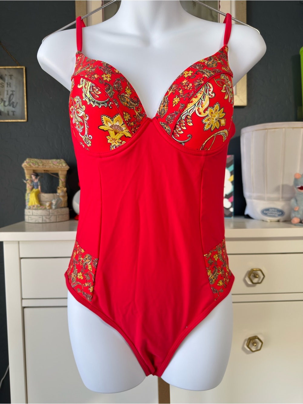 Cupshe Red One-Piece Swimsuit with Yellow Floral Paisley Accents